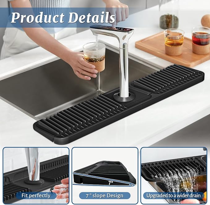 PoYang 24 inch Faucet Mat for Kitchen Sink Splash Guard, 7° Slope Silicone Sink Water Splash Guard for Kitchen Sink Area with Snap Button, Longer Sink Protectors for kitchen Sink Sponge Holder, Black