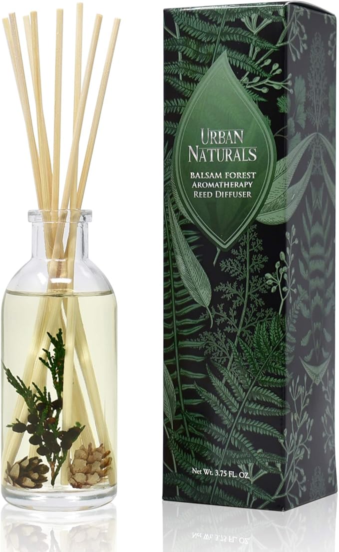 Reed Diffuser Set, Balsam Forest - Bathroom Shelf Décor | REAL Juniper and Pine cones, Fragrance notes of Fraser Fir, Evergreen, Pine, Woodsy Cedar and Sandalwood, Vegan