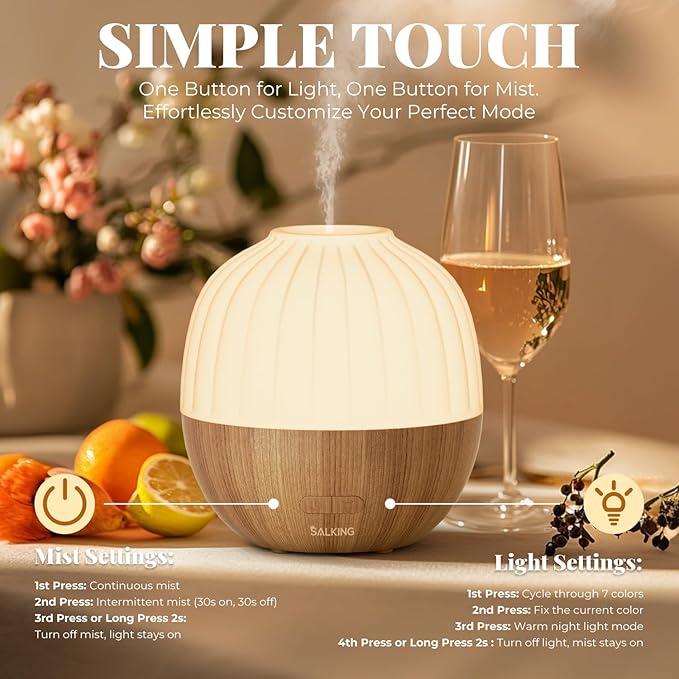SALKING Essential Oil Diffuser for Home, 300ml Aromatherapy Diffuser Quiet | Ultrasonic Diffusers for Essential Oils, 8 Color LED Lights, Cool Mist Humidifier, Auto Shut-Off, Large Room, Bedroom, Office