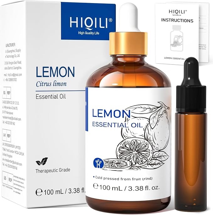 HIQILI Lemon Essential Oil, Household Cleaning, Air Purification, Skin Care, Can be Added to Cleansers, Sprays, Body Lotions Use - 3.38 Fl Oz/100ML | Creates Long-Lasting Fresh Atmosphere for Work, Study and More, Eliminates Odors -100ml / 3.38 fl oz