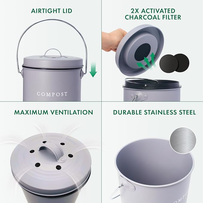 FINESSY Countertop Compost Bin with Lid Small, Indoor Kitchen Composter | 1.3 Gallon Stainless Steel Compost Bin Kitchen With Removable Inner Bucket & 2 Carbon Filters. Dishwasher Safe Composting Bin
