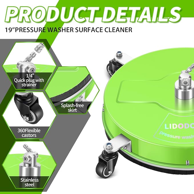 LidoDola 19'' Pressure Washer Surface Cleaner Green, Power Washer Accessory | Stainless Steel Housing with 4 Wheels, 1/4" QC, 2 Extension Wands & 2 Replacement Nozzles, for Gas & Electric Pressure Washer