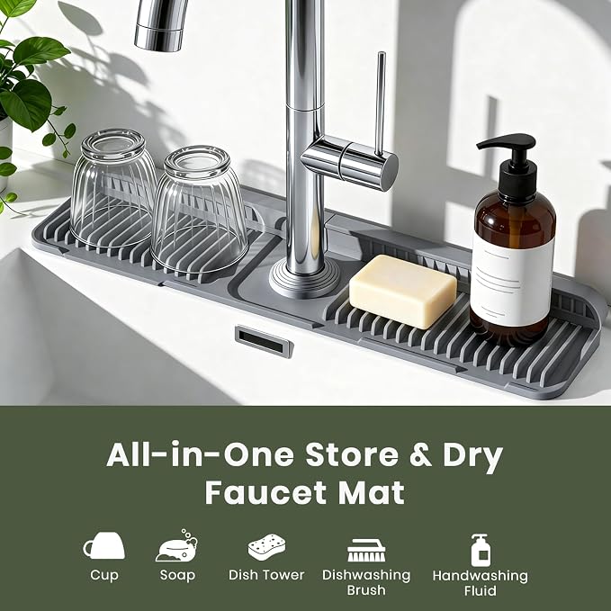 24 Inch Faucet Mat for Kitchen Sink, Silicone Splash Guard for Kitchen Sink Area, 7° Slope Fast Self-Draining Sink Mat, Cuttable Hole Design, Sink Backsplash Guard Draining Mat, Dark Grey