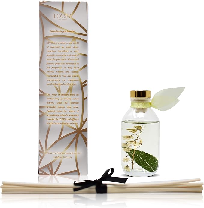 Reed Diffuser Set - Japanese Honeysuckle Scented Diffuser with Sticks | Home Fragrance Reed Diffuser for Bedroom, Bathroom Shelf Décor, with Real Florals in the Bottle - Made in the USA