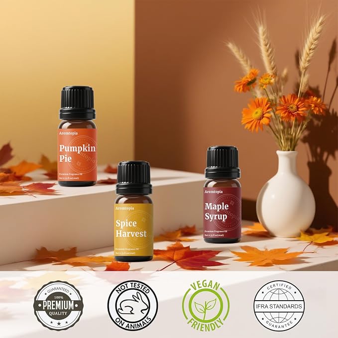 Diffuser Essential Oils, Aromtopia Fall Fragrance Oil for Candle Making, Essential Oils for Diffusers for Home, 6x10ml Autumn Set, Soap Making Scents, Pumpkin Pie, Musk Vanilla, Autumn Wildness, More
