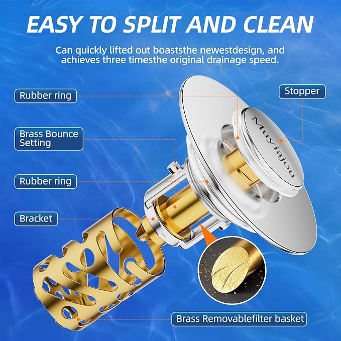 2 Pack 3-in-1 Universal Sink Drain Strainer,Muyiajou Pop Up Stopper with Hair Catcher, Stainless Steel Replacement Plug with Removable Filter Basket for 1.1" to 2.36" Bathroom Sink Basin (2, Gold)