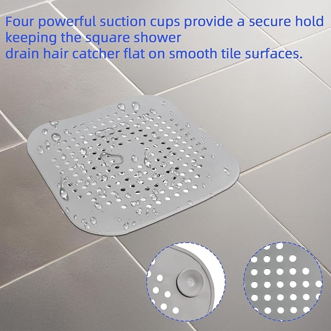 Bathtub Drain Hair Catcher 4 Pack, Silicone Stopper with Suction Cup | Fits shower & kitchen sink drains, prevents clogs, reusable, easy to clean, durable, grey, fits flat & square drains