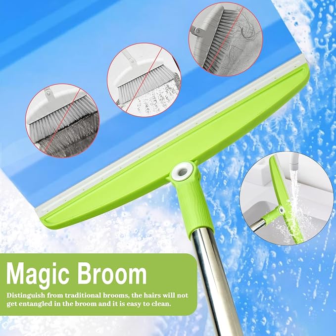 Silicone Air Broom, Multifunction Broom with Long Handle, Adjustable Rubber Squeegee Sweeping Water for Indoor Hardwood Floors, Kitchen,Concrete Floor, Bathroom Tile(Gray Green)
