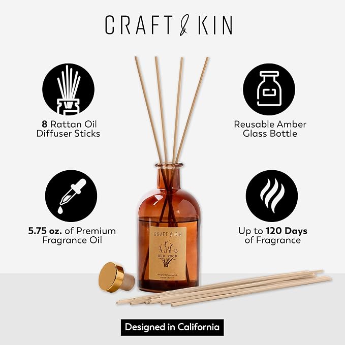 Craft & Kin Oud Wood Reed Diffuser – 5.75 oz Essential Oil Diffuser for Home & Bathroom – Up to 120-Day Fragrance with 8 Rattan Scent Sticks – Amber Glass Room Decor