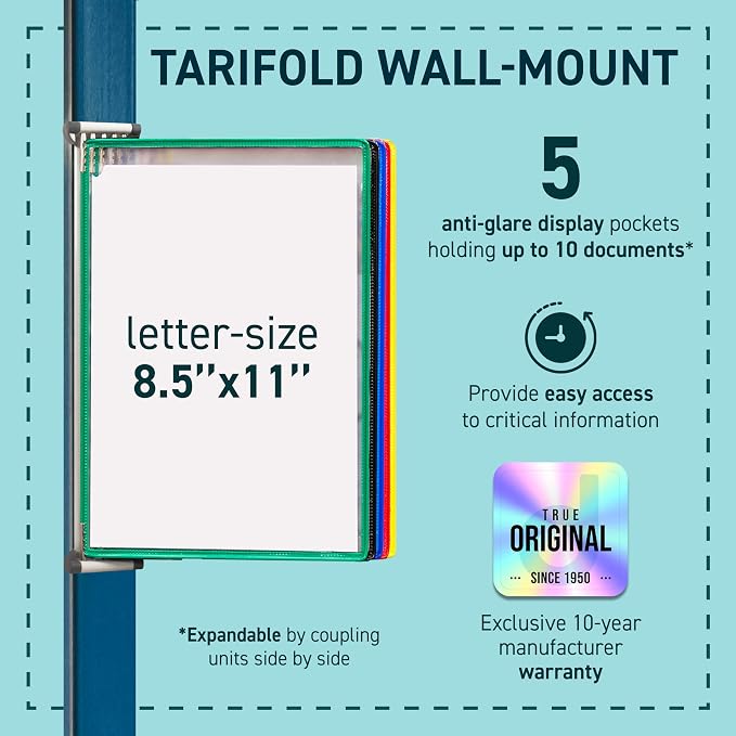 Tarifold Expandable Wall Mount Reference System, 5 Pockets, Assorted Colors | 5 double-sided PVC pockets hold 10 letter-size sheets, sturdy wall-mount bracket, snap-on index tabs, quick & easy to install