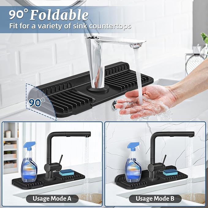 PoYang 14.6 inch Faucet Mat for Kitchen Sink Splash Guard, 7° Slope Silicone Sink Water Splash Guard for Kitchen Sink Area with Snap Button, Small Sink Protectors for kitchen Sink Sponge Holder, Black