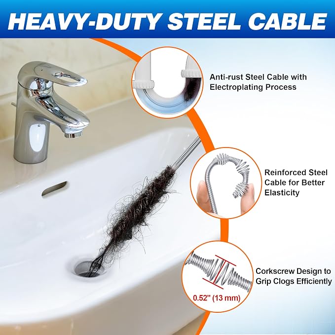 Drain Auger 33Ft, Auto-Feed Drain Clog Remover Plumbing Snake Drain Tools | Drill Adapter for Quickly Unclogging, Long Flexible Drain Snake for Deep Pipe Clogs, Bathroom Shower, Bathtub, Kitchen Sink