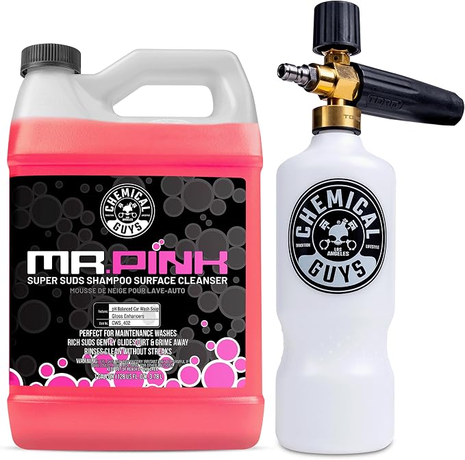 Chemical Guys CWS_402 Mr. Pink Super Suds Shampoo & Superior Surface Cleaning Soap, 128 fl oz (1 Gallon) + HOL144 TORQ Foam Cannon Snow Foamer , Works With Pressure Washer (2 Items) | Enough gloss-boosting shampoo for months of weekly washes, gentle en...