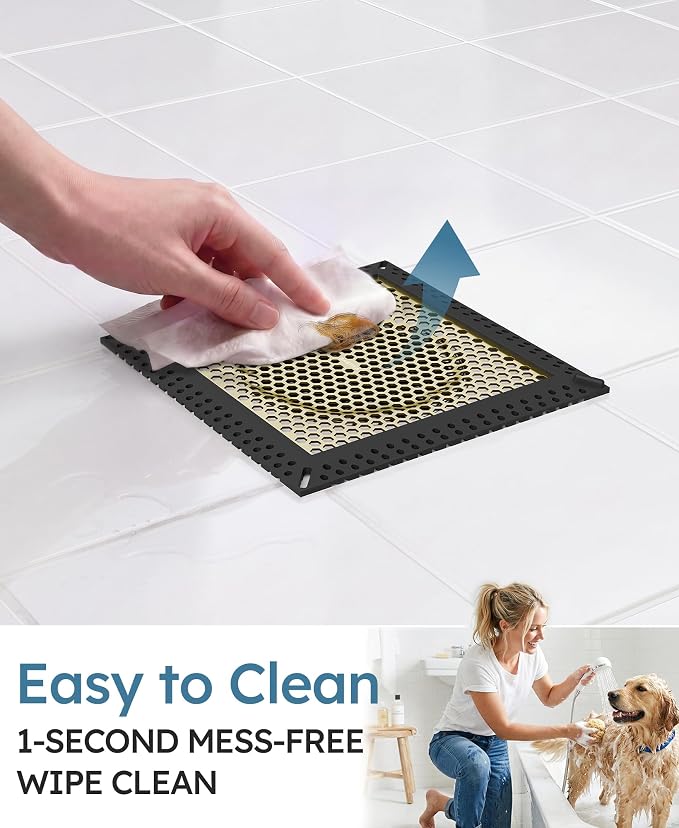 Square Shower Drain Hair Catcher, Flat Shower Drain Hair Catcher, Anti-Clogging Fast Drainage, Anti-Slip, Easy Clean Fits Bathroom Hair Catcher for Shower (Matte Black & Brushed Gold, 6 inch)