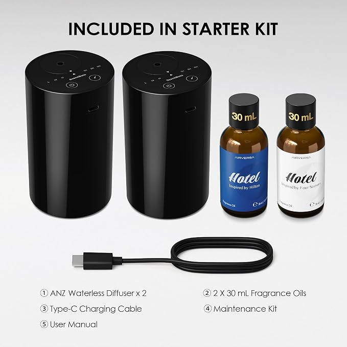 ANZ Waterless Essential Oil Diffuser Starter Kit, Black | 2X20 mL BLG+BCR Hotel Scent Fragrance Oil, Up to 600 sq ft, Battery Operated, Portable for Home Car Office, ANZKit-2x20-B