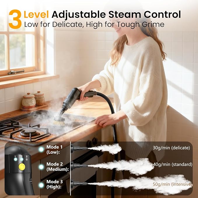 Granarbol Steam Cleaner, 2500W 1.6L Handheld Steamer for Home Car Cleaning | 10s Heat-up, 19pcs Accessories, 3 Levels, Chemical-free Cleaning for Kitchen, Floor, Bathroom, Car Interior, Black & White