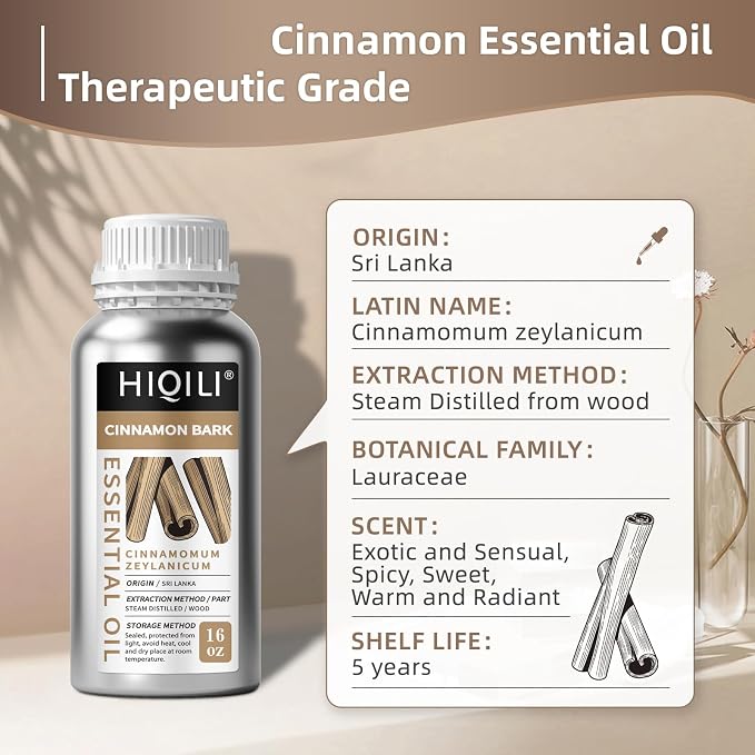 HIQILI Cinnamon Bark Essential Oil for Versatile DIY, Diffuser & Skin | Brings Calming Stress Relief, Gentle Household Barrier, Soothing Massage Comfort & Air Freshening - 500ml / 16 fl oz