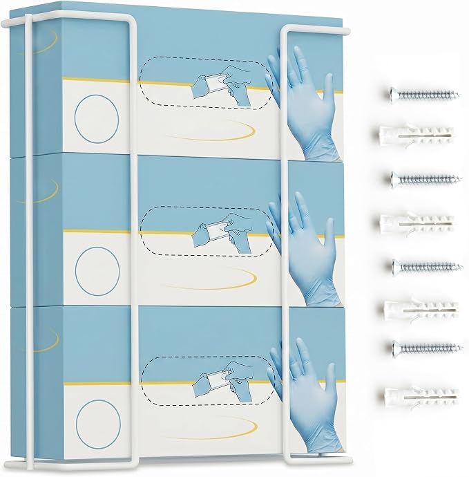 Triple Glove Box Holder for Wall Mount, Metal Dispenser - PERFORMORE | Disposable Glove Dispenser, Holds 3 Boxes, Powder-Coated Wire Rack, Fits Tissue Boxes, Hardware Included, White