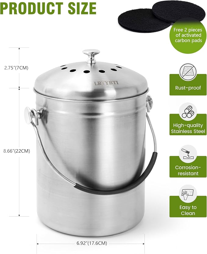 Countertop Compost Bin Kitchen Stainless Steel 1.3 Gallon | With Lid, 2 Charcoal Filter for Odorless Composting, SOFT-GRIP Handle