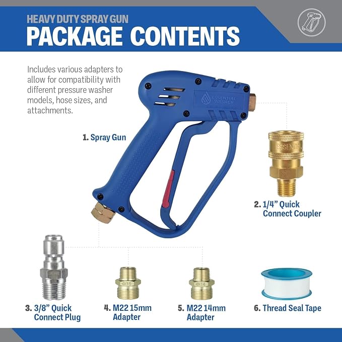Essential Washer Short Pressure Washer Gun with Brass Quick Connect & M22 Adaptors Compatible with Foam Cannon | High Pressure Water 4000 PSI