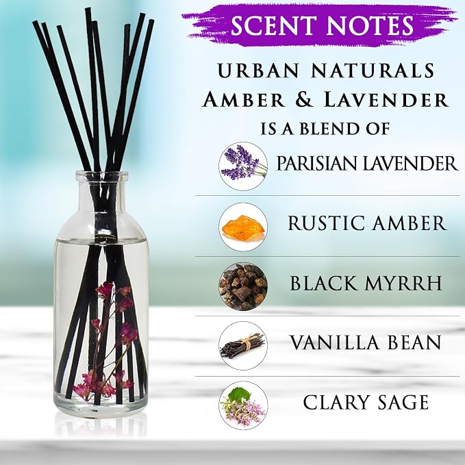Reed Diffuser Set, Amber & Lavender - Bathroom Shelf Décor | (AWAKEN and RENEW) Mind & Body Aromatherapy Collection, Essential Oil Botanical Diffusing Room Scent