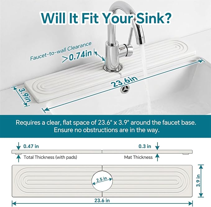 Stone Faucet Mat for Kitchen Sink-Diatomite Drying Stone Mat& Sink Protector,Quick Dry Water Absorbing Stone Tray ,Sink Splash Guard for Kitchen Counter & Bathroom Counter(White, 23.6"X3.9")