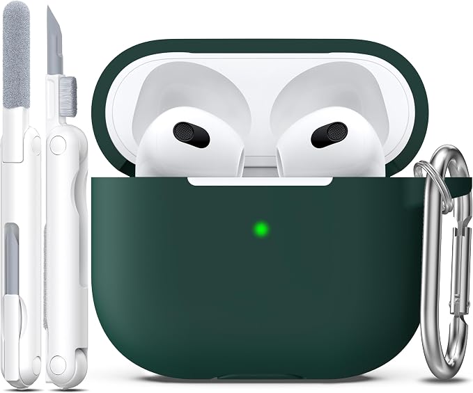R-fun Compatible with AirPods 3 Case Cover, Silicone Protective Accessories Skin with Keychain Compatible with Apple AirPod 3rd Generation 2021 for Women Men Girls Boys,Front LED Visible,Forest Green