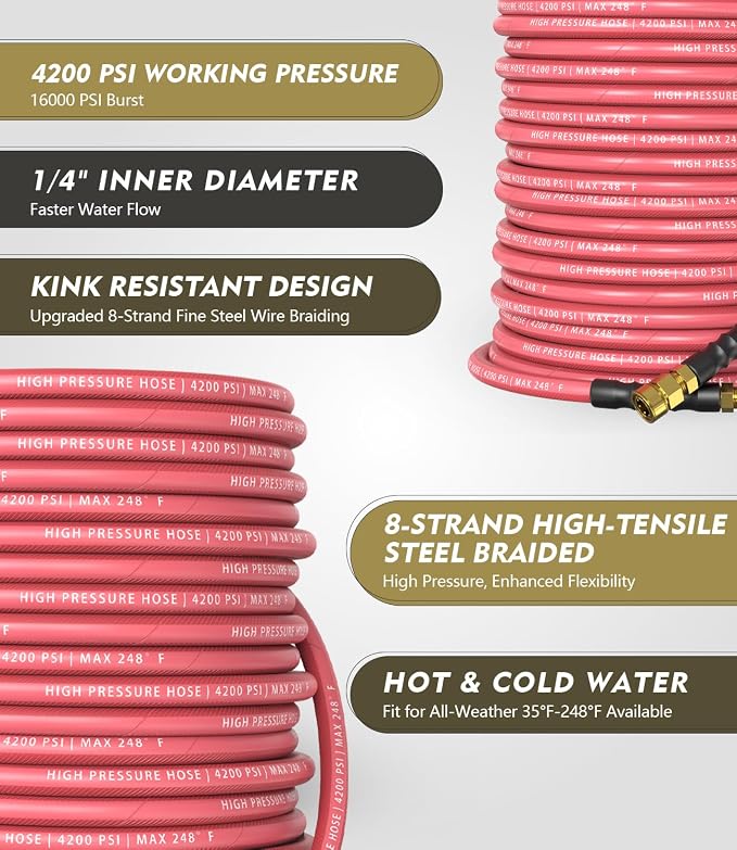 QC Installed Pressure Washer Hose 50 ft, 4200 PSI Flexible & Kink-Resistant, Steel-Braided & Durable, Power Washer Hose with 3/8" 360° Swivel Quick Connect, Hot/Cold Water Compatible, Red