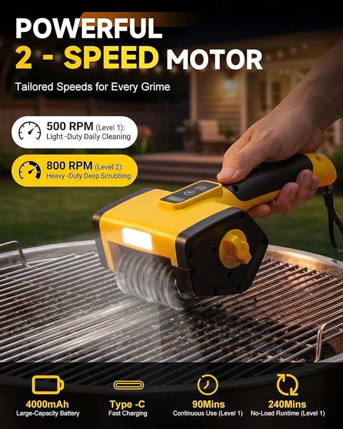 Electric Grill Brush, 800RPM Powerful BBQ Grill Cleaner with Digital Display, 360° Adjustable Angle, 240-Min Runtime, 4000mAh Variable Speed Grill Brush with Stainless Steel Head for Outdoor Grill