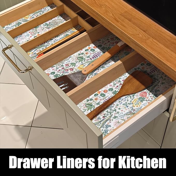 Floral Shelf Drawer Liners, Non Adhesive and Strong Non-Slip Colorful Cabinet Drawer Shelf Liners for Kitchen Wire Fridge, Waterproof Cabinet Liner,Easy to Clean,12IN x 10FT