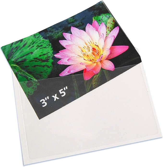 Tarifold Self-Adhesive Photo Pockets, 3 Inches x 5 Inches, Clear, 100 Pack | 100 clear polypropylene pockets, 3 inches x 5 inches, self-adhesive backing, protects photos and cards, top-loading
