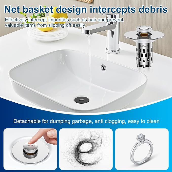Bathroom Sink Drain Strainer,All Metal Pop-Up Sink Stopper with Removable Stainless Steel Filter Basket, Universal Bathroom Hair Catcher Fit for 1.1-2.36'' Drain (Silver, 2 Pack)