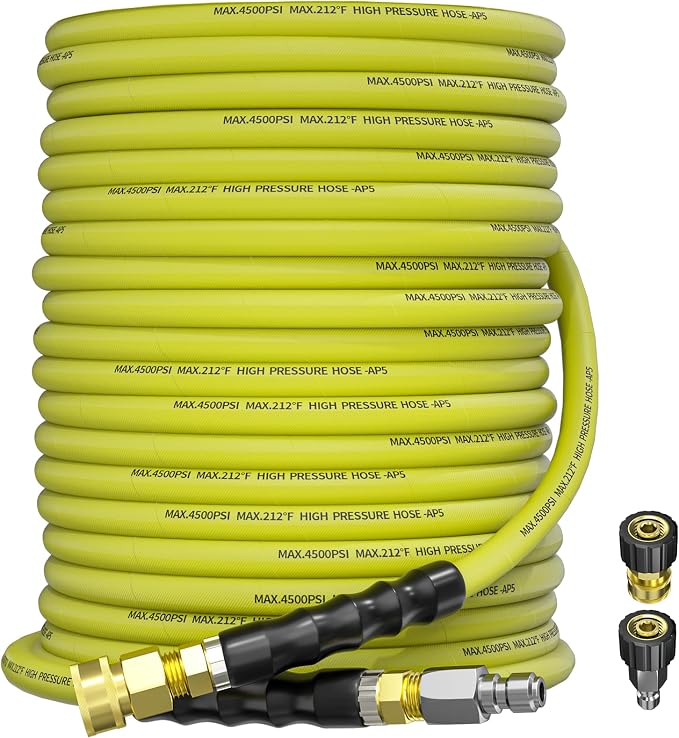 Pressure Washer Hose 100FT 3/8" for Cold and Hot Water 212°F, with Swivel Quick Connect, 4500PSI Kink Resistant Grade Steel Wire Braided, Power Washer Hose With 2pcs M22-14mm Adapter