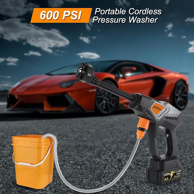 Portable Cordless Pressure Washer,600PSI Handheld Car Washer Two Batteries | 21V Rechargeable 2.0Ah Powered Pressure Washer, 6-in-1 Nozzle Operated Washer for Car/Fence/Garden/Floor/Yards/Pet Cleaning