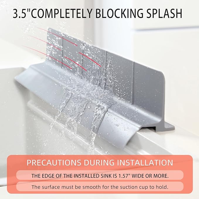 23" Ultra Silicone Sink Splash Guard Released in 2025/Dec,Self-Draining Water Splash Guard for Kitchen Sink,Bathroom and Island,with 3.5" High Splash Guard & 7 Strong Suction Cup (Grey)