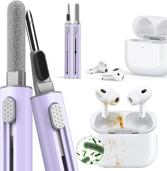 Inesore Multi Cleaning Kit for AirPods & All Bluetooth Earbuds (Purple) | 3-in-1 Design with Brush,Sponge & Metal Tip, Airpod Cleaning, Phone Cleaner, Earbud Cleaning, Electronic Device Cleaning Tool