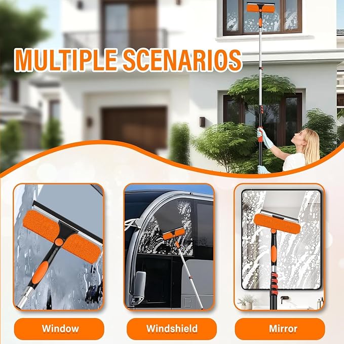 26FT Telescoping Window Squeegee Kit | 2-in-1 Window Washer & Microfiber Scrubber with Extension Pole | High Reach Cleaning Tool for Outdoor, Indoor Windows & Glass