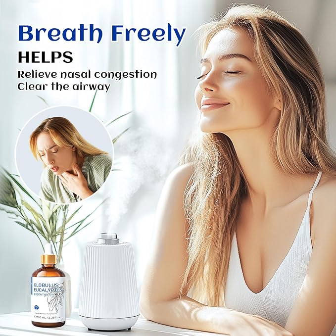 HIQILI Eucalyptus Essential Oil for Diffuser, Aromatherapy & Spray | Essential Oils with Travel Bottle, for Humidifier, Skin, Massage, Home Cleaning, Candle and Soap Making —100ml / 3.38 fl oz