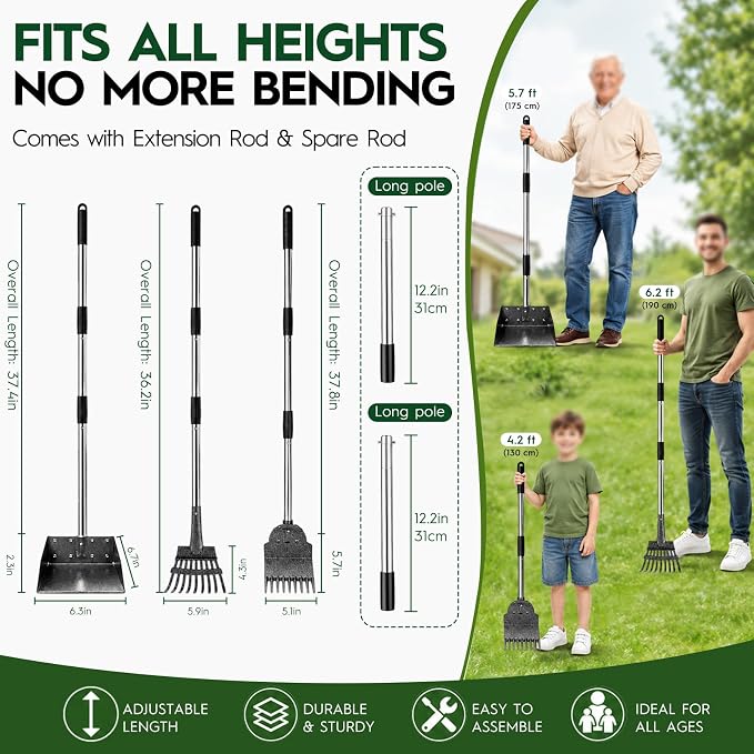 Pooper Scooper，Long Handle Dog Pooper Scooper，No More Bending , Easy to use | Easy to install,Upgraded Toothed Scooper，Free Extension Pole， Ideal for Yard, Lawn, Dirt & Gravel Ground，for Small-Medium Dog