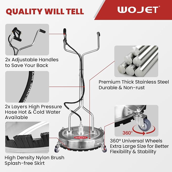 WOJET 22" Pressure Washer Surface Cleaner with 4 Wheels & Dual Handles & 3 Nozzles, 4500PSI 6GPM Stainless Steel Pressure Washer Attachment for Concrete Driveway Sidewalk Deck Patio, Commercial Grade