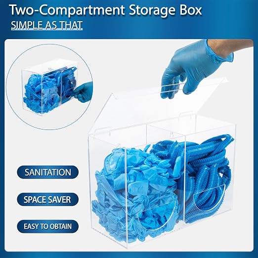 SEANADO Clear Acrylic Glove Holder Dispenser with Lid, 2 Compartments Hygiene Station Storage Box for Beard Nets, Hairnets, Plastic Bags, Shoe Cover - Wall Mount or Tabletop
