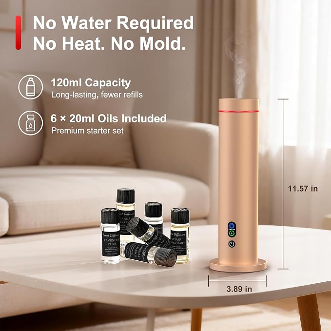 Waterless Diffuser, Essential Oil Diffuser, 1000 Sq.Ft Coverage Scent Diffuser – Plug-in Only, Adjustable Mist, Remote, Mood Lights for Home & Office, Large Room, Hotel, Gold