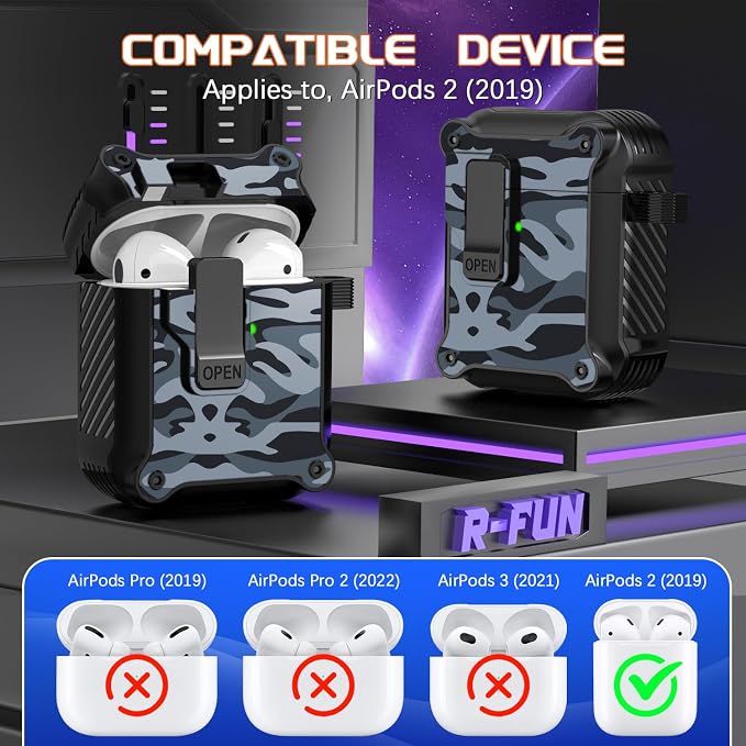 R-FUN for AirPods 2 Case Cover with Lock Magnetic Lid, Black | Compatible with Apple AirPods 2 and AirPods(2016), Case with Cleaner Kit & Keychain, Powerful Drop Protection