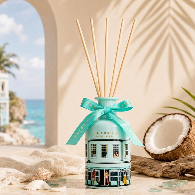 Reed Diffuser - Coconut Beach 6.76 fl oz Reed Diffuser with 8 Sticks Home Fragrance Bathroom Shelf Decor (Festive House Collection)