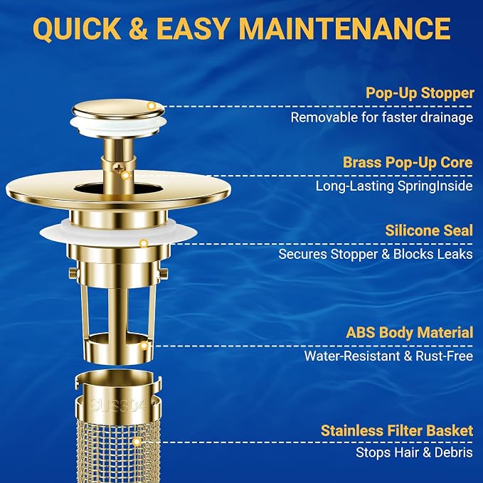 Bathroom Sink Drain Strainer, Pop-Up Bathroom Sink Stopper with Removable Stainless Steel Hair Catcher Basket, Universal Fit for US Bathroom Sinks, Showers & Floor Drains (1pcs-Gold)