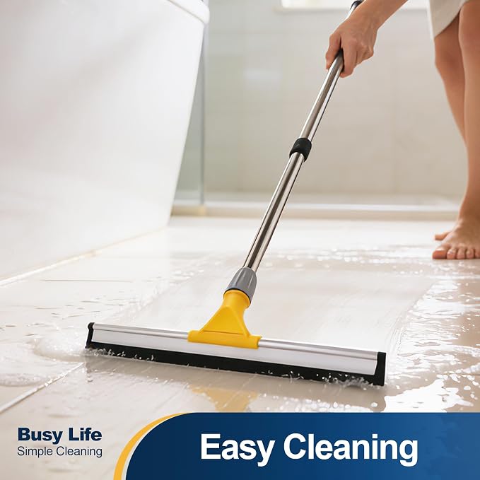 Yocada Rubber Floor Squeegee 17.7" TPR Blade Scrubber Broom 61.8inch Pole | Household Broom for Garage Courtyard Shower Bathroom Floor Marble Glass Tile Water Foam Pet Hair Removal Cleaning