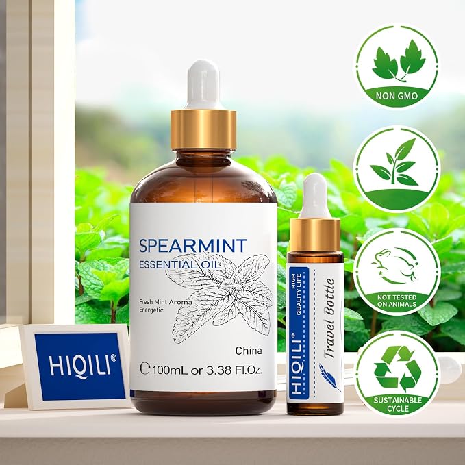 HIQILI Spearmint Essential Oil for Diffuser, Skin & Hair Care | Includes 10ml Travel Bottle, Refreshing Minty Aroma for DIY Lotions, Creams & Aromatherapy - 100ml / 3.38 fl oz