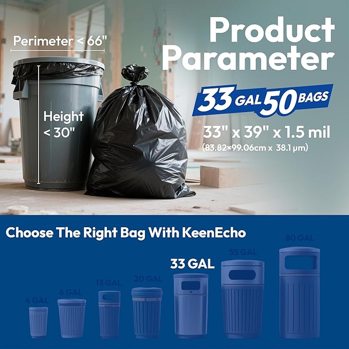 Heavy Duty Contractor Trash Bags 30-33 Gallon 50 Count, 1.5 Mil Extra Thick, Strong Black Garbage Bags, Leakproof Star Seal for Construction, Yard, Demolition Debris