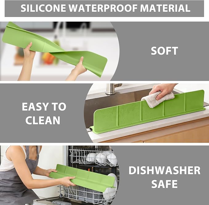 23Inch Sink Splash Guard – Extended Length & Tall Silicone Kitchen Sink Splash Guard with Overhang Drainage Design & Strong Suction Cups for Countertop (Green, 23''x3.5'')