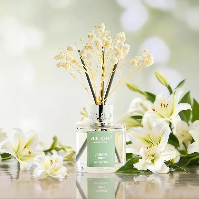 Reed Diffuser Set,1.69 fl oz (50 ml) - Jasmine Mint Oil Diffusers with 8 Reed Sticks,Home Fragrance Reed Diffuser for Bathroom Shelf Decor